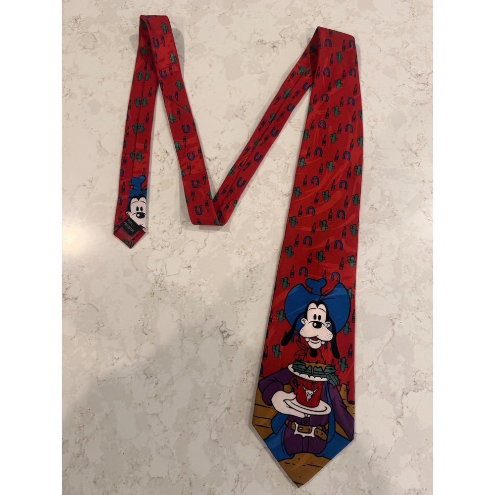 Mickey Unlimited Disney Mens Goofy Cowboy Western Horseshoe Red Silk Tie 57in